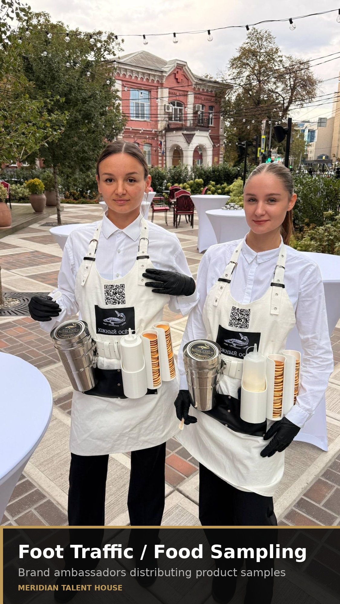 Meridian brand ambassadors distributing product samples at an outdoor activation